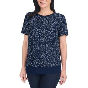 NEW Hilary Radley Women's S Navy Floral Print Chiffon Layered Blouse